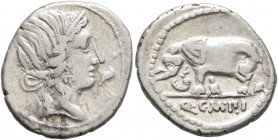 Q. Caecilius Metellus Pius, 81 BC. Denarius (Silver, 19 mm, 3.79 g, 6 h), Rome. Diademed head of Pietas to right; before, stork. Rev. Q•C•M•P•I Elepha...
