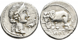 Q. Caecilius Metellus Pius, 81 BC. Denarius (Silver, 18 mm, 3.78 g, 4 h), Rome. Diademed head of Pietas to right; before, stork. Rev. Q•C•M•P•I Elepha...