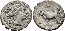 C. Marius C.f. Capito, 81 BC. Denarius (Silver, 19 mm, 3.64 g, 6 h), Rome. C•MARI•C•F•CAPIT•XXX Draped bust of Ceres to right. Rev. S•C Ploughman with...