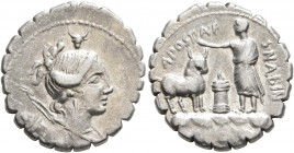 A. Postumius A.f. Sp.n. Albinus, 81 BC. Denarius (Silver, 19 mm, 3.89 g, 6 h), Rome. Draped bust of Diana to right, wearing diadem with bucranium and ...