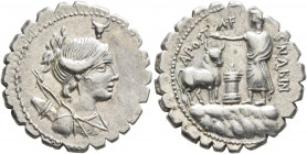 A. Postumius A.f. Sp.n. Albinus, 81 BC. Denarius (Silver, 20 mm, 3.89 g, 1 h), Rome. Draped bust of Diana to right, wearing diadem and bow with quiver...