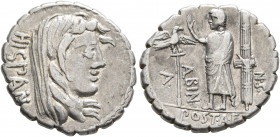 A. Postumius A.f. Sp.n. Albinus, 81 BC. Denarius (Silver, 19 mm, 3.85 g, 5 h), Rome. HISPAN Veiled head of Hispania to right. Rev. A• - POST•A•F - •S•...
