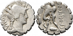 C. Poblicius Q.f, 80 BC. Denarius (Silver, 19 mm, 3.93 g, 8 h), Rome. ROMA - H Helmeted and draped bust of Roma to right. Rev. C•POBLICI•Q F - H Hercu...