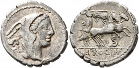 L. Procilius, 80 BC. Denarius (Silver, 18.5 mm, 3.50 g, 12 h), Rome. Head of Juno Sospita to right, wearing goat-skin headdress; behind, S•C. Rev. L•P...
