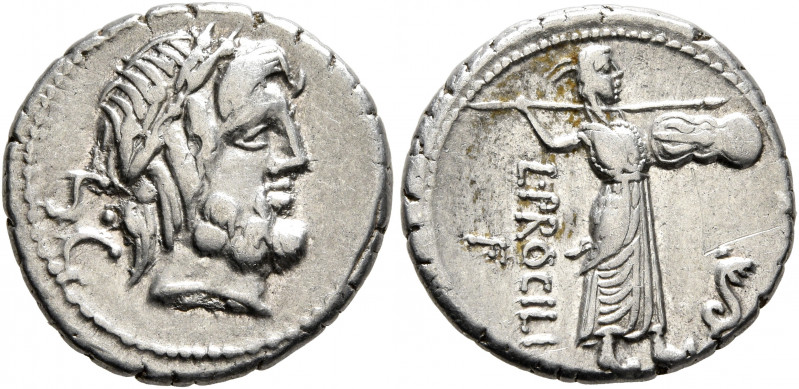 L. Procilius, 80 BC. Denarius (Silver, 18 mm, 3.88 g, 1 h), Rome. Laureate head ...