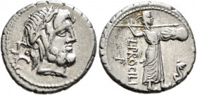 L. Procilius, 80 BC. Denarius (Silver, 18 mm, 3.88 g, 1 h), Rome. Laureate head of Jupiter to right; to left, S•C. Rev. L•PROCILI / F Juno Sospita, we...