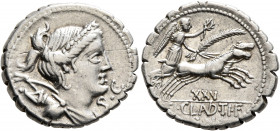 Ti. Claudius Ti.f. Ap.n. Nero, 79 BC. Denarius (Silver, 19 mm, 3.99 g, 5 h), Rome. S•C Diademed and draped bust of Diana to right, with bow and quiver...