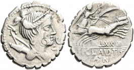 Ti. Claudius Ti.f. Ap.n. Nero, 79 BC. Denarius (Silver, 19 mm, 3.80 g, 11 h), Rome. S•C Diademed and draped bust of Diana to right, with bow and quive...