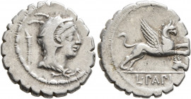 L. Papius, 79 BC. Denarius (Silver, 19 mm, 3.91 g, 7 h), Rome. Head of Juno Sospita to right, wearing goat-skin headdress; behind, torch. Rev. L•PAPI ...