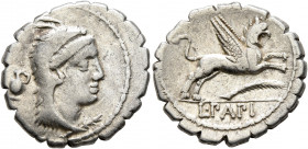 L. Papius, 79 BC. Denarius (Silver, 19 mm, 4.00 g, 8 h), Rome. Head of Juno Sospita to right, wearing goat-skin headdress; behind, jug. Rev. L•PAPI Gr...
