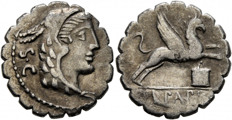 L. Papius, 79 BC. Denarius (Silver, 19 mm, 3.67 g, 5 h), Rome. Head of Juno Sosp...