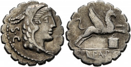 L. Papius, 79 BC. Denarius (Silver, 19 mm, 3.67 g, 5 h), Rome. Head of Juno Sospita to right, wearing goat-skin headdress; behind, S•C. Rev. L•PAPI Gr...
