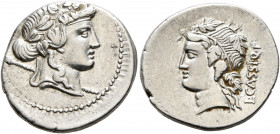 L. Cassius Q.f. Longinus, 78 BC. Denarius (Silver, 19 mm, 4.00 g, 9 h), Rome. Head of Liber to right, wearing wreath of ivy and fruit and with thyrsus...