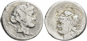 L. Cassius Q.f. Longinus, 78 BC. Denarius (Silver, 18 mm, 3.93 g, 6 h), Rome. Head of Liber to right, wearing wreath of ivy and fruit and with thyrsus...