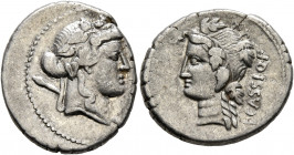 L. Cassius Q.f. Longinus, 78 BC. Denarius (Silver, 19.5 mm, 3.92 g, 9 h), Rome. Head of Liber to right, wearing wreath of ivy and fruit and with thyrs...