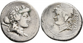 L. Cassius Q.f. Longinus, 78 BC. Denarius (Silver, 19 mm, 3.84 g, 9 h), Rome. Head of Liber to right, wearing wreath of ivy and fruit and with thyrsus...