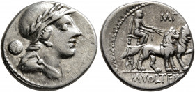 M. Volteius M.f, 78 BC. Denarius (Silver, 18.5 mm, 4.00 g, 11 h), Rome. Laureate, helmeted, and draped male bust to right; behind, shield. Rev. M•VOLT...