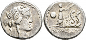 M. Volteius M.f, 78 BC. Denarius (Silver, 17 mm, 4.00 g, 6 h), Rome. Head of Liber to right, wearing wreath of ivy and fruit. Rev. M•VOLTEI•M•F Ceres,...