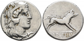 M. Volteius M.f, 78 BC. Denarius (Silver, 17 mm, 3.72 g, 5 h), Rome. Head of Hercules to right, wearing lion skin headdress. Rev. M VOLTEI•M•F Erymant...