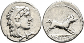 M. Volteius M.f, 78 BC. Denarius (Silver, 18 mm, 3.86 g, 5 h), Rome. Head of Hercules to right, wearing lion skin headdress. Rev. M VOLTEI•M•F Erymant...