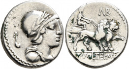 M. Volteius M.f, 78 BC. Denarius (Silver, 18 mm, 3.94 g, 5 h), Rome. Laureate, helmeted, and draped male bust to right; in field to left, simpulum. Re...
