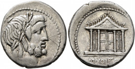 M. Volteius M.f, 78 BC. Denarius (Silver, 19 mm, 4.20 g, 6 h), Rome. Laureate head of Jupiter to right. Rev. M•VOLTEI•[M•F] Tetrastyle temple of Jupit...