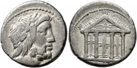 M. Volteius M.f, 78 BC. Denarius (Silver, 18 mm, 4.00 g, 7 h), Rome. Laureate head of Jupiter to right. Rev. [M•VOLTEI•M•F] Tetrastyle temple of Jupit...