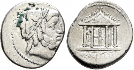M. Volteius M.f, 78 BC. Denarius (Silver, 18 mm, 3.99 g, 10 h), Rome. Laureate head of Jupiter to right. Rev. M•VOLTEI•M•F Tetrastyle temple of Jupite...