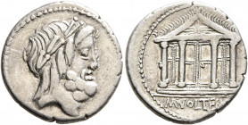M. Volteius M.f, 78 BC. Denarius (Silver, 18 mm, 3.83 g, 6 h), Rome. Laureate head of Jupiter to right. Rev. M•VOLTEI•[M•F] Tetrastyle temple of Jupit...