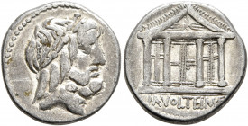 M. Volteius M.f, 78 BC. Denarius (Silver, 18 mm, 4.05 g, 11 h), Rome. Laureate head of Jupiter to right. Rev. M•VOLTEI•M•F Tetrastyle temple of Jupite...