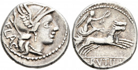 L. Rutilius Flaccus, 77 BC. Denarius (Silver, 18 mm, 3.89 g, 9 h), Rome. FLAC Helmeted head of Roma to right. Rev. L•RVTILI Victory driving biga to ri...