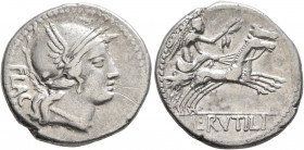 L. Rutilius Flaccus, 77 BC. Denarius (Silver, 19 mm, 3.88 g, 6 h), Rome. FLAC Helmeted head of Roma to right. Rev. L•RVTILI Victory driving biga to ri...