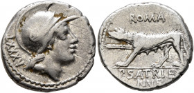 P. Satrienus, 77 BC. Denarius (Silver, 18 mm, 3.89 g, 6 h), Rome. Helmeted head of Roma to right; behind, LXXXV. Rev. ROMA / P•SATRIE/NVS She-wolf adv...