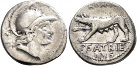 P. Satrienus, 77 BC. Denarius (Silver, 18 mm, 3.75 g, 4 h), Rome. Helmeted head of Roma to right; behind, XVI. Rev. ROMA / P•SATRIE/NVS She-wolf advan...