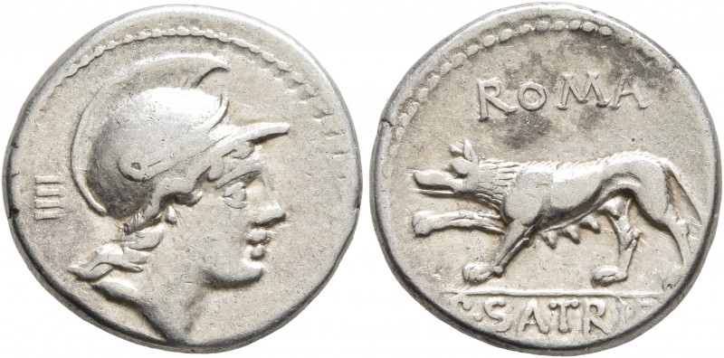 P. Satrienus, 77 BC. Denarius (Silver, 18 mm, 4.00 g, 10 h), Rome. Helmeted head...