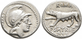 P. Satrienus, 77 BC. Denarius (Silver, 17 mm, 4.11 g, 12 h), Rome. Helmeted head of Roma to right; behind, LXXXXVIII. Rev. ROMA / P•SATRIE/NVS She-wol...