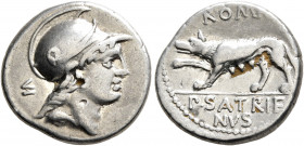 P. Satrienus, 77 BC. Denarius (Silver, 17 mm, 3.91 g, 7 h), Rome. Helmeted head of Roma to right; behind, VI. Rev. ROMA / P•SATRIE/NVS She-wolf advanc...