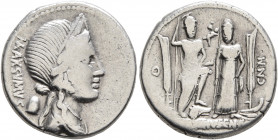 Cn. Egnatius Cn.f. Cn.n. Maxsumus, 76 BC. Denarius (Silver, 18 mm, 3.91 g, 2 h), Rome. MAXSVMVS Diademed and draped bust of Libertas to right, wearing...
