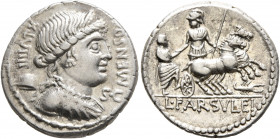 L. Farsuleius Mensor, 76 BC. Denarius (Silver, 19 mm, 3.95 g, 6 h), Rome. MENSOR / S•C Diademed and draped bust of Libertas to right; behind, XLVIII a...