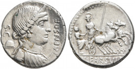 L. Farsuleius Mensor, 76 BC. Denarius (Silver, 18 mm, 3.88 g, 6 h), Rome. MENSOR Diademed and draped bust of Libertas to right; behind, S•C above pile...