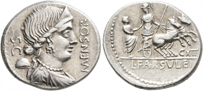 L. Farsuleius Mensor, 76 BC. Denarius (Silver, 19 mm, 3.86 g, 6 h), Rome. MENSOR...