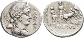 L. Farsuleius Mensor, 76 BC. Denarius (Silver, 19 mm, 3.86 g, 6 h), Rome. MENSOR Diademed and draped bust of Libertas to right; behind, S•C above pile...