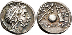 Cn. Cornelius Lentulus, 76-75 BC. Denarius (Silver, 18 mm, 3.87 g, 5 h), uncertain mint in Spain. G•P•R Diademed and draped bust of the Genius Populi ...