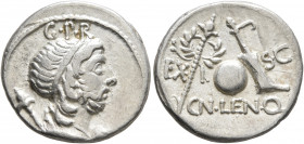 Cn. Cornelius Lentulus, 76-75 BC. Denarius (Silver, 18 mm, 3.91 g, 6 h), uncertain mint in Spain. G•P•R Diademed and draped bust of the Genius Populi ...