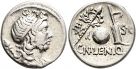 Cn. Cornelius Lentulus, 76-75 BC. Denarius (Silver, 18 mm, 4.02 g, 5 h), uncertain mint in Spain. G•P•R Diademed and draped bust of the Genius Populi ...