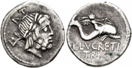 L. Lucretius Trio, 74 BC. Dirham (Silver, 19 mm, 3.84 g, 6 h), Rome. Laureate head of Neptune to right; behind head, trident and ΛT. Rev. L•LVCRETI / ...