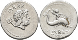 L. Lucretius Trio, 74 BC. Denarius (Silver, 19 mm, 3.99 g, 6 h), Rome. Laureate head of Neptune to right; behind head, trident and XXXVI. Rev. L•LVCRE...