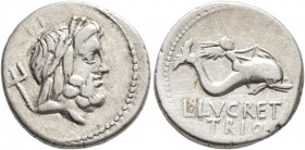 L. Lucretius Trio, 74 BC. Denarius (Silver, 18 mm, 3.84 g, 6 h), Rome. Laureate head of Neptune to right; behind head, trident and II. Rev. L•LVCRETI ...