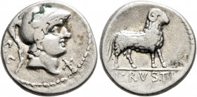 L. Rustius, 74 BC. Denarius (Silver, 17 mm, 3.77 g, 9 h), Rome. S•C Helmeted head of Minerva to right; before, X (mark of value). Rev. L•RVSTI Ram sta...