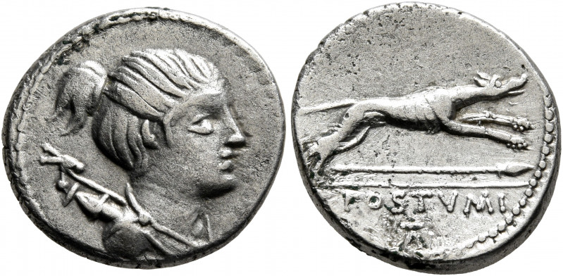 C. Postumius, 73 BC. Denarius (Silver, 18 mm, 3.95 g, 4 h), Rome. Draped bust of...